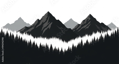 Mountain Range Silhouette with Trees.