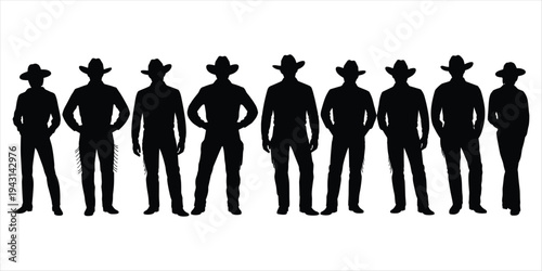 Silhouettes of nine cowboys standing in a line with their hands on their hips Keywords: silhouette, cowboy, western, man, male