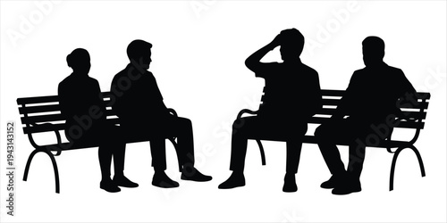 Silhouettes of people sitting on park benches in conversation and contemplation vector illustration