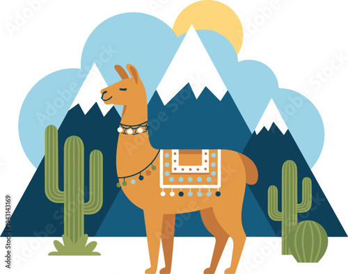 Cute llama in Andean desert landscape, cactus and mountains, colorful flat vector illustration, travel nature wildlife concept background