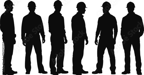 Silhouettes of six construction workers in hard hats standing in a row Keywords: construction worker, silhouette, man, male