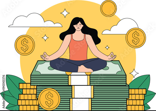 Financial freedom concept with woman meditating on money stacks, passive income success, wealth mindset vector illustration