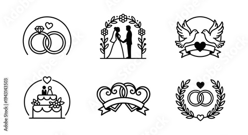 A collection of black and white wedding icons and vector graphics