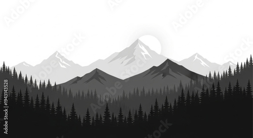 Mountain Range Silhouette with Forest.
