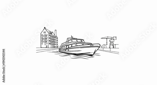 A boat cruises on a canal in front of a building and a crane