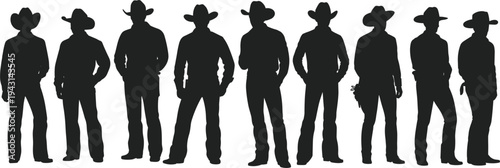Silhouettes of ten cowboys standing in a line with various poses and hands in pockets Keywords: silhouette, cowboy, western, man