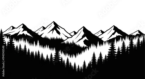 Mountain Range Silhouette with Forest.