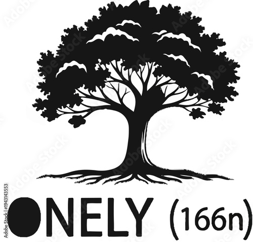 A bold black silhouette of a mature tree with intricate branches, roots, and foliage above text