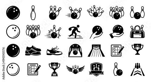 A collection of black and white bowling icons and symbols on a white background