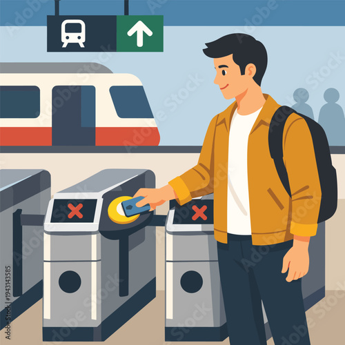 Man using a transit card at a train station