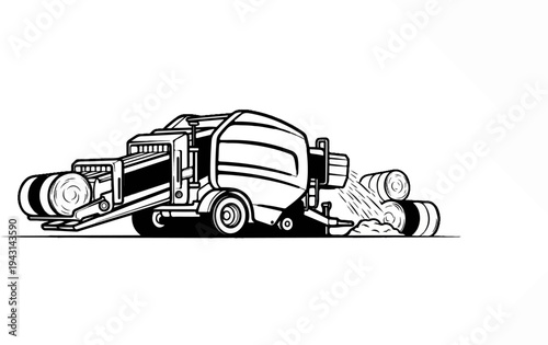 A farm machine compacts hay into round bales in a field