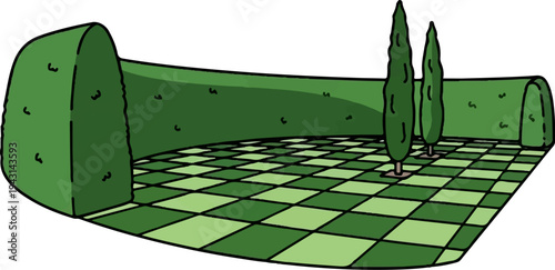 A cartoon-style garden maze with a checkerboard floor and two tall trees
