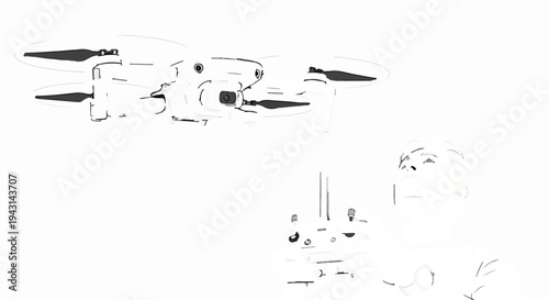 A sketch depicts a drone in flight above a remote control and a person looking up