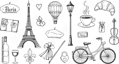 Hand drawn collection of paris symbols and french culture icons in a doodle style. Sketch set with eiffel tower, croissant, coffee, and bicycle for travel or romantic design