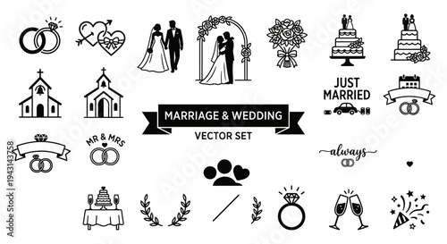 A collection of black and white wedding icons and vector graphics