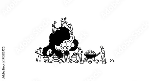 Workers collaboratively extract resources from a large, dark mass