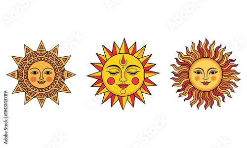 Sun Face Symbol Set for Sinhala and Tamil New Year. Traditional Sri Lankan and Indian Cultural Decorative Sun God Illustrations, Vibrant Festival Symbols on Transparent Background