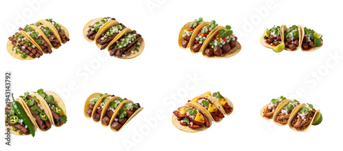 A collection of delicious gourmet street tacos featuring various meat fillings and fresh herb toppings. isolated on transparent background