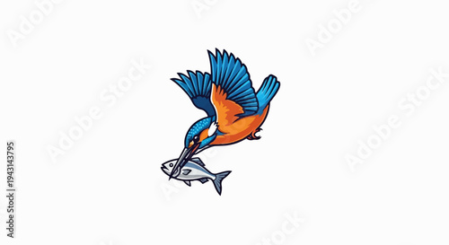 Vivid kingfisher bird in flight, catches fish in its beak