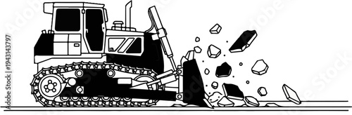 A tracked bulldozer with a blade is pushing and breaking up debris