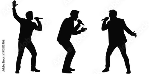 Silhouettes of three male singers performing with microphones on stage Keywords: singer, silhouette, male, man, performer, music