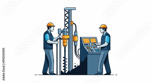 Two workers in hard hats operating industrial drilling equipment and a control panel