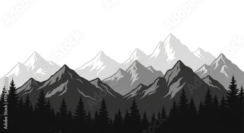 Mountain Range Silhouette with Trees.