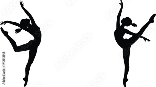 Silhouettes of two ballerinas performing elegant dance poses on a white background Keywords: silhouette, ballerina, ballet