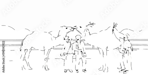 Two people and two camels in a simple black and white line drawing