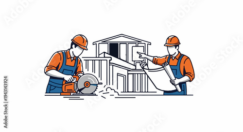 Two construction workers building and planning a house structure