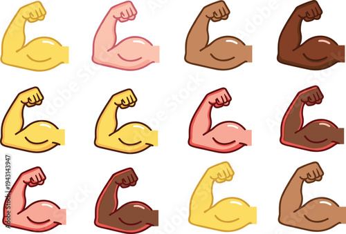 Flexed Bicep Emoji Vector Illustration Set in Diverse Skin Tones for Strength Fitness and Inclusive Design Concept