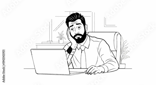 Tired businessman resting head on hand, looking at laptop