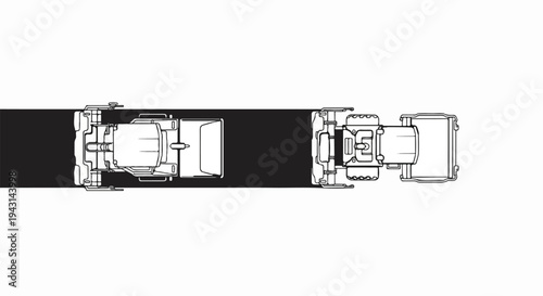 Two construction vehicles, a loader and a paver, from a top-down perspective