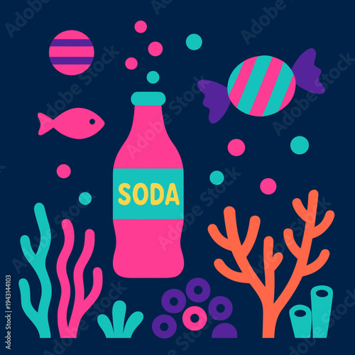 Colorful soda bottle with candies and underwater elements in a vibrant style