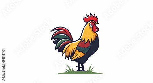 A vibrant cartoon rooster stands proudly on a patch of grass