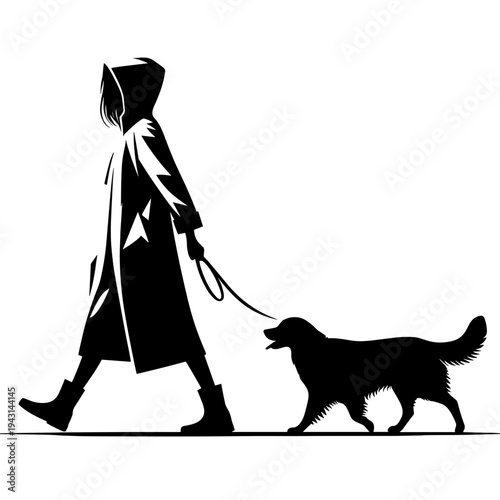 Person walking dog silhouette, black and white, urban setting