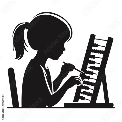 Girl using abacus for learning math, black silhouette