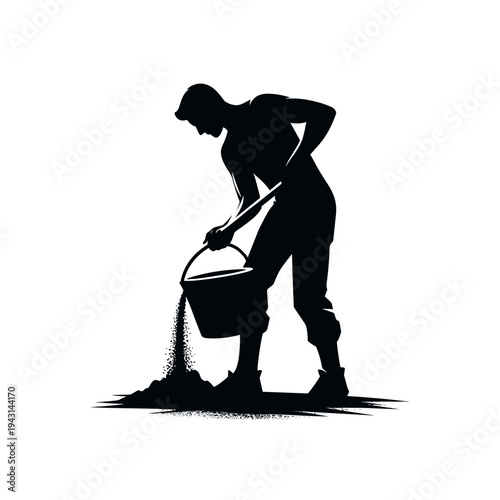 Worker pouring cement from wheelbarrow silhouette style