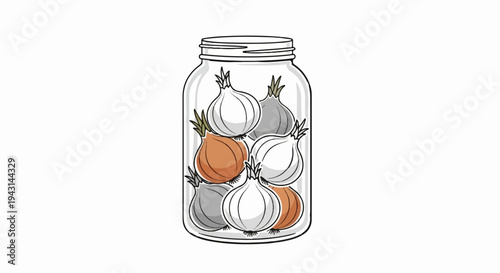 A clear glass jar filled with various colored onions