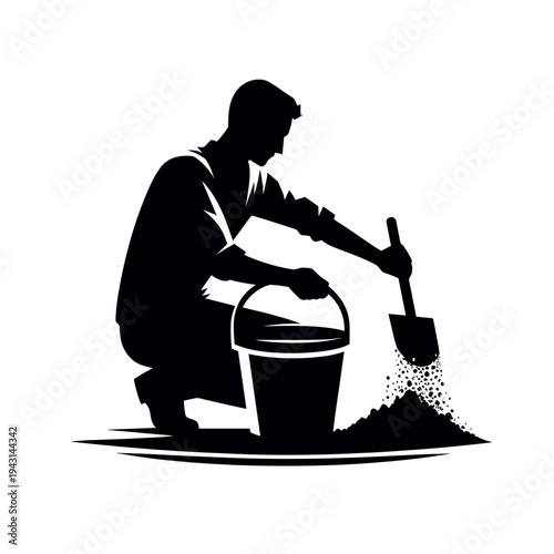 Man pouring sand from shovel into bucket