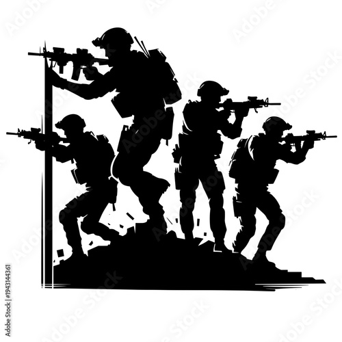 Soldiers in combat action on battlefield terrain silhouette
