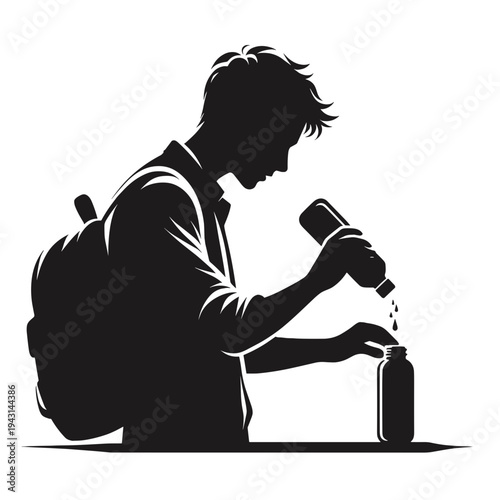 Silhouette student pouring liquid from bottle into jar