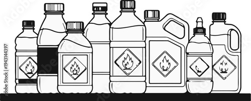A collection of containers, many bearing hazard symbols for flammability
