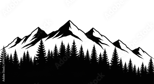 Mountain Range Silhouette with Trees.