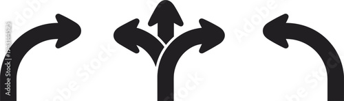 Three black arrows pointing in different directions on white background Keywords: arrow, direction, choice, decision, path, way