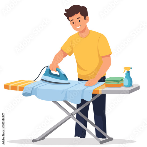 Man ironing clothes on an ironing board