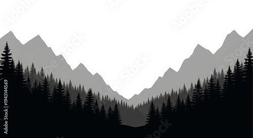 Mountain Range Silhouette with Trees.