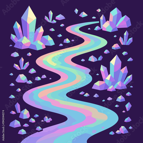 Colorful abstract river flowing through crystal landscape