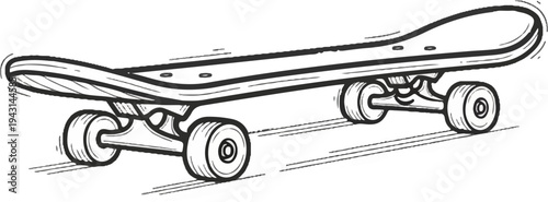 A black and white sketch of a skateboard in motion on a textured surface