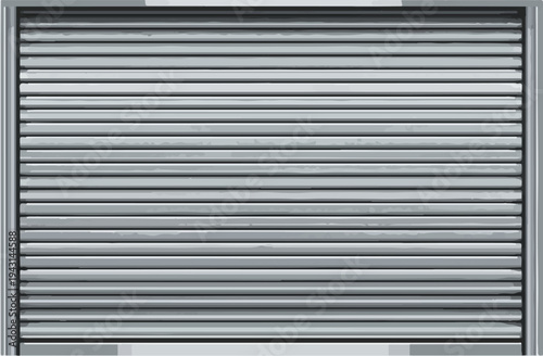 A closed metal security shutter with horizontal slatted texture